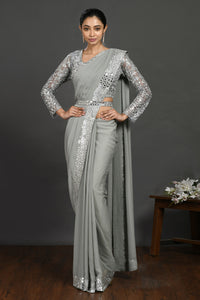 Buy grey mirror and resham work georgette belted sari online in USA. Make a fashion statement on festive occasions and weddings with designer sarees, designer suits, Indian dresses, Anarkali suits, palazzo suits, designer gowns, sharara suits, embroidered sarees from Pure Elegance Indian fashion store in USA.-full view