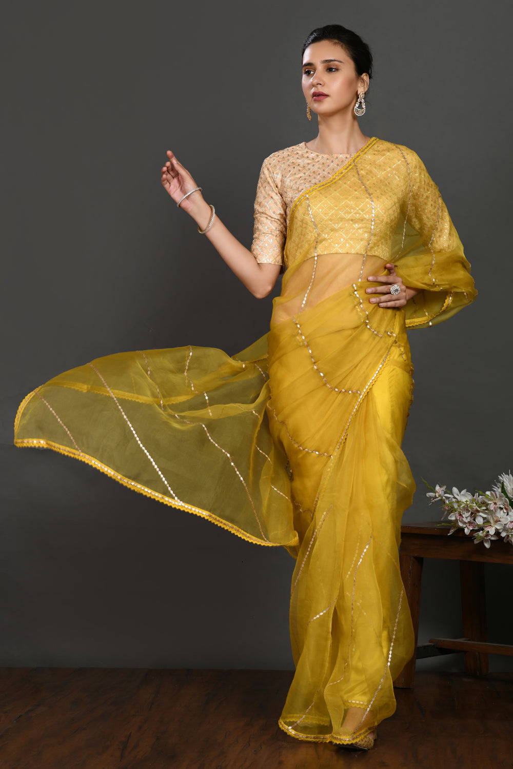 Shop yellow gota work organza sari online in USA with blouse. Make a fashion statement on festive occasions and weddings with designer sarees, designer suits, Indian dresses, Anarkali suits, palazzo suits, designer gowns, sharara suits, embroidered sarees from Pure Elegance Indian fashion store in USA.-full view