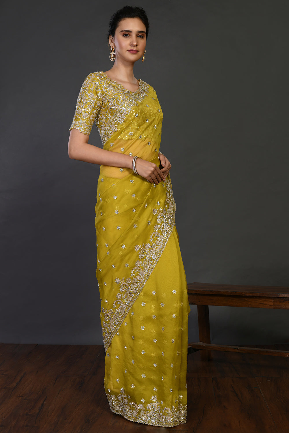 Buy mustard mirror and cutdana work organza sari online in USA with blouse. Make a fashion statement on festive occasions and weddings with designer sarees, designer suits, Indian dresses, Anarkali suits, palazzo suits, designer gowns, sharara suits, embroidered sarees from Pure Elegance Indian fashion store in USA.-full view