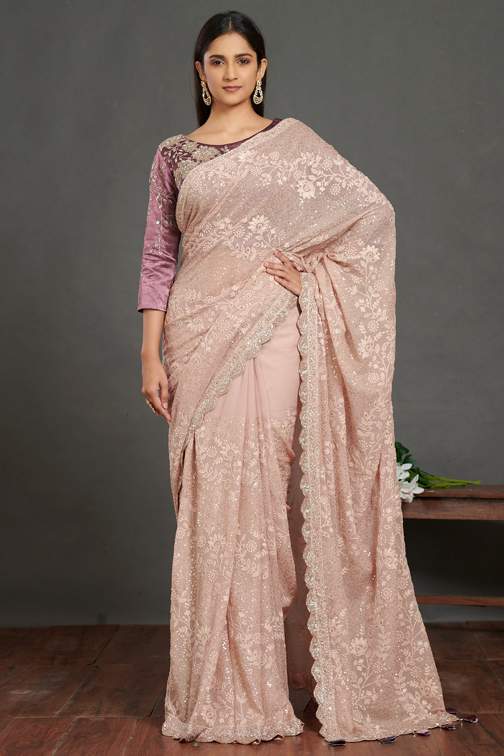 Buy dusty pink chikankari sari online in USA with velvet saree blouse. Make a fashion statement on festive occasions and weddings with designer sarees, designer suits, Indian dresses, Anarkali suits, palazzo suits, designer gowns, sharara suits, embroidered sarees from Pure Elegance Indian fashion store in USA.-full view