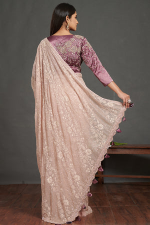 Buy dusty pink chikankari sari online in USA with velvet saree blouse. Make a fashion statement on festive occasions and weddings with designer sarees, designer suits, Indian dresses, Anarkali suits, palazzo suits, designer gowns, sharara suits, embroidered sarees from Pure Elegance Indian fashion store in USA.-back