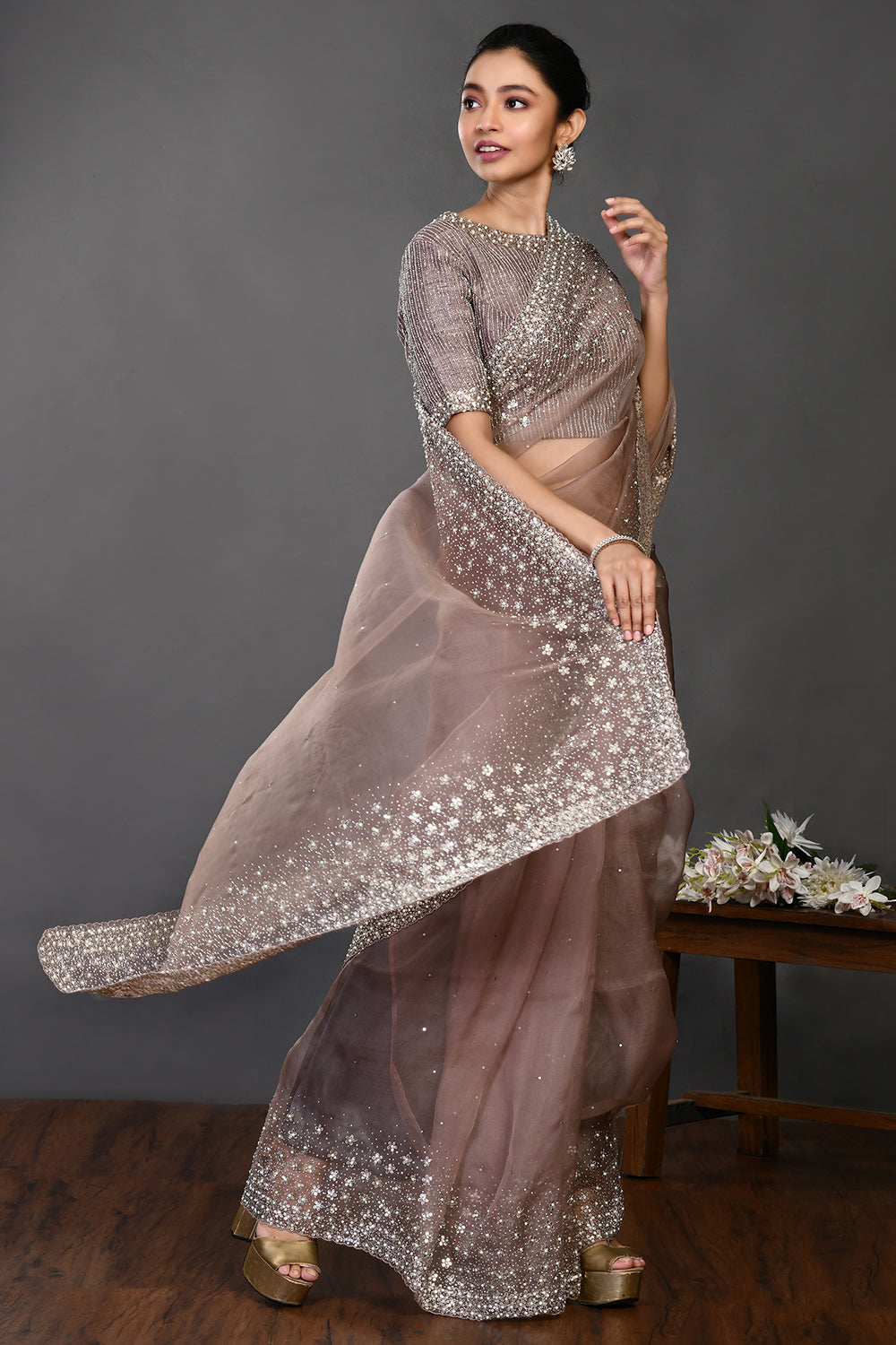 Shop beige embroidered designer organza sari online in USA with blouse. Make a fashion statement on festive occasions and weddings with designer sarees, designer suits, Indian dresses, Anarkali suits, palazzo suits, designer gowns, sharara suits, embroidered sarees from Pure Elegance Indian fashion store in USA.-right
