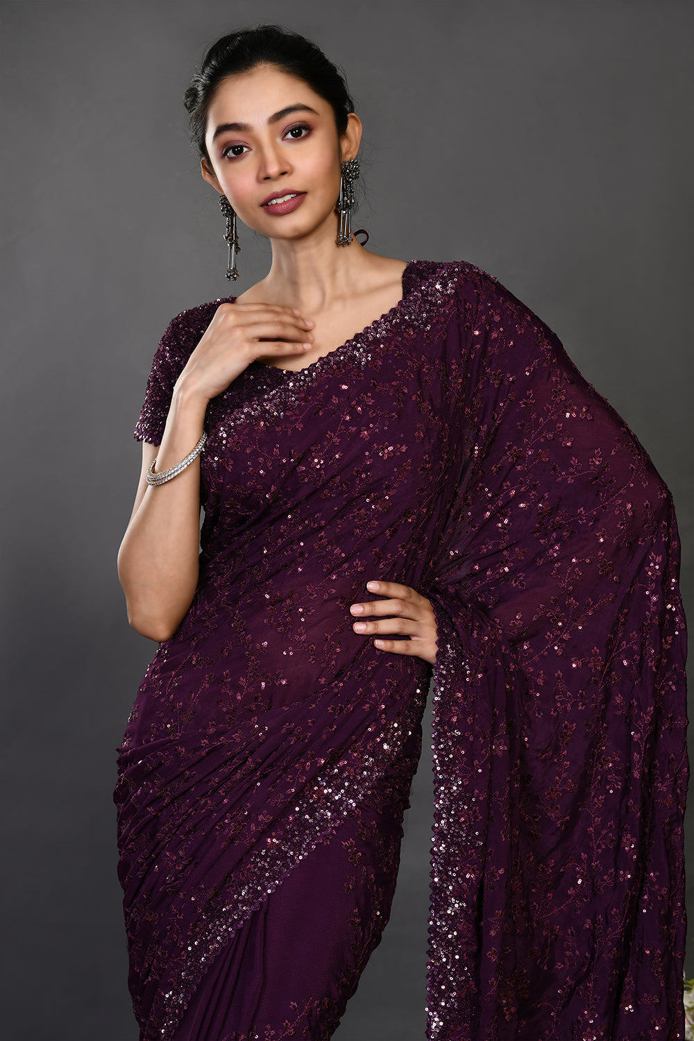 Shop wine color tikki work handloom sari online in USA with blouse. Make a fashion statement on festive occasions and weddings with designer sarees, designer suits, Indian dresses, Anarkali suits, palazzo suits, designer gowns, sharara suits, embroidered sarees from Pure Elegance Indian fashion store in USA.-closeup