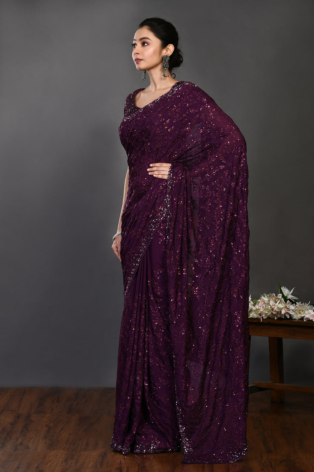 Shop wine color tikki work handloom sari online in USA with blouse. Make a fashion statement on festive occasions and weddings with designer sarees, designer suits, Indian dresses, Anarkali suits, palazzo suits, designer gowns, sharara suits, embroidered sarees from Pure Elegance Indian fashion store in USA.-pallu