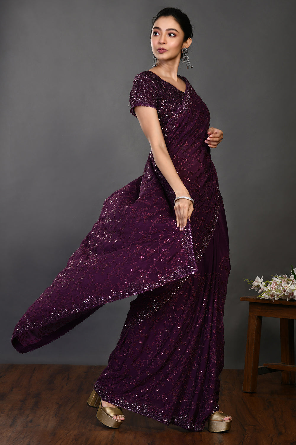 Shop wine color tikki work handloom sari online in USA with blouse. Make a fashion statement on festive occasions and weddings with designer sarees, designer suits, Indian dresses, Anarkali suits, palazzo suits, designer gowns, sharara suits, embroidered sarees from Pure Elegance Indian fashion store in USA.-right