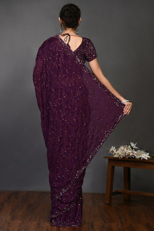 Shop wine color tikki work handloom sari online in USA with blouse. Make a fashion statement on festive occasions and weddings with designer sarees, designer suits, Indian dresses, Anarkali suits, palazzo suits, designer gowns, sharara suits, embroidered sarees from Pure Elegance Indian fashion store in USA.-back