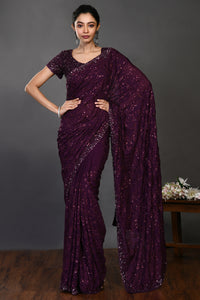 Shop wine color tikki work handloom sari online in USA with blouse. Make a fashion statement on festive occasions and weddings with designer sarees, designer suits, Indian dresses, Anarkali suits, palazzo suits, designer gowns, sharara suits, embroidered sarees from Pure Elegance Indian fashion store in USA.-full view