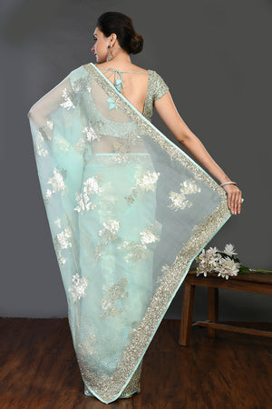 Buy mint green cutdana and stonework organza saree online in USA. Make a fashion statement on festive occasions and weddings with designer sarees, designer suits, Indian dresses, Anarkali suits, palazzo suits, designer gowns, sharara suits, embroidered sarees from Pure Elegance Indian fashion store in USA.-back