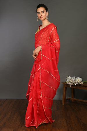 Buy red gota work saree online in USA with embroidered yellow blouse. Make a fashion statement on festive occasions and weddings with designer sarees, designer suits, Indian dresses, Anarkali suits, palazzo suits, designer gowns, sharara suits, embroidered sarees from Pure Elegance Indian fashion store in USA.-pallu