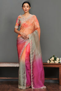Shop multicolor floral sequin work organza saree online in USA with blouse. Make a fashion statement on festive occasions and weddings with designer sarees, designer suits, Indian dresses, Anarkali suits, palazzo suits, designer gowns, sharara suits, embroidered sarees from Pure Elegance Indian fashion store in USA.-full view