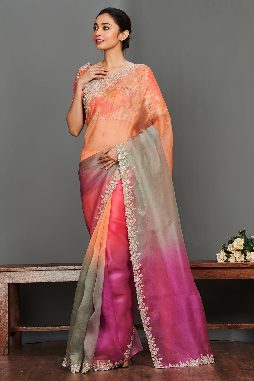 Shop multicolor floral sequin work organza saree online in USA with blouse. Make a fashion statement on festive occasions and weddings with designer sarees, designer suits, Indian dresses, Anarkali suits, palazzo suits, designer gowns, sharara suits, embroidered sarees from Pure Elegance Indian fashion store in USA.-pallu