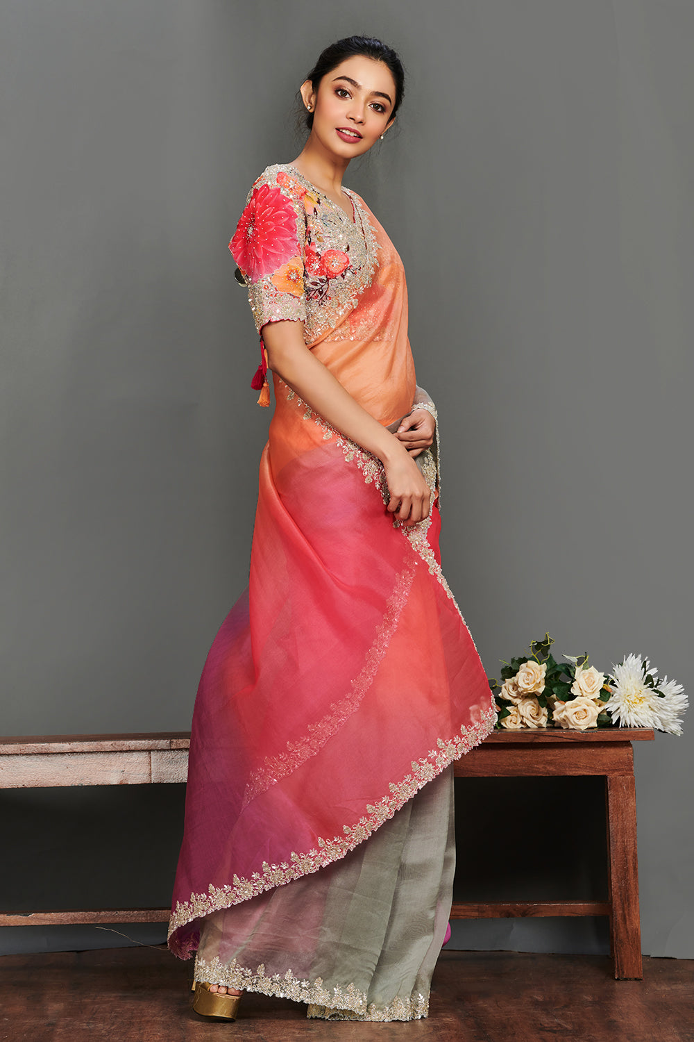 Shop multicolor floral sequin work organza saree online in USA with blouse. Make a fashion statement on festive occasions and weddings with designer sarees, designer suits, Indian dresses, Anarkali suits, palazzo suits, designer gowns, sharara suits, embroidered sarees from Pure Elegance Indian fashion store in USA.-right