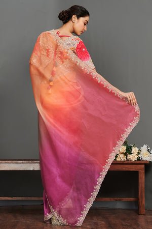 Shop multicolor floral sequin work organza saree online in USA with blouse. Make a fashion statement on festive occasions and weddings with designer sarees, designer suits, Indian dresses, Anarkali suits, palazzo suits, designer gowns, sharara suits, embroidered sarees from Pure Elegance Indian fashion store in USA.-back