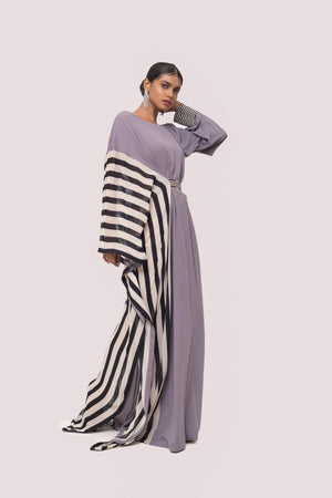 Buy grey pearl embroidery gown online in USA with oversized striped sleeves. Make a fashion statement on festive occasions and weddings with designer sarees, designer suits, Indian dresses, Anarkali suits, palazzo suits, designer gowns, sharara suits, embroidered sarees from Pure Elegance Indian fashion store in USA.-full view
