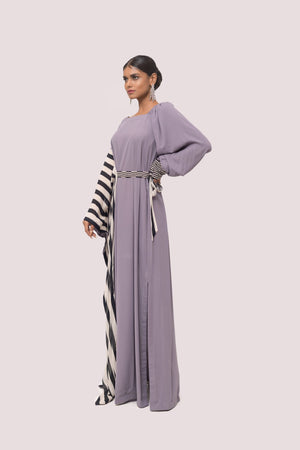 Buy grey pearl embroidery gown online in USA with oversized striped sleeves. Make a fashion statement on festive occasions and weddings with designer sarees, designer suits, Indian dresses, Anarkali suits, palazzo suits, designer gowns, sharara suits, embroidered sarees from Pure Elegance Indian fashion store in USA.-side