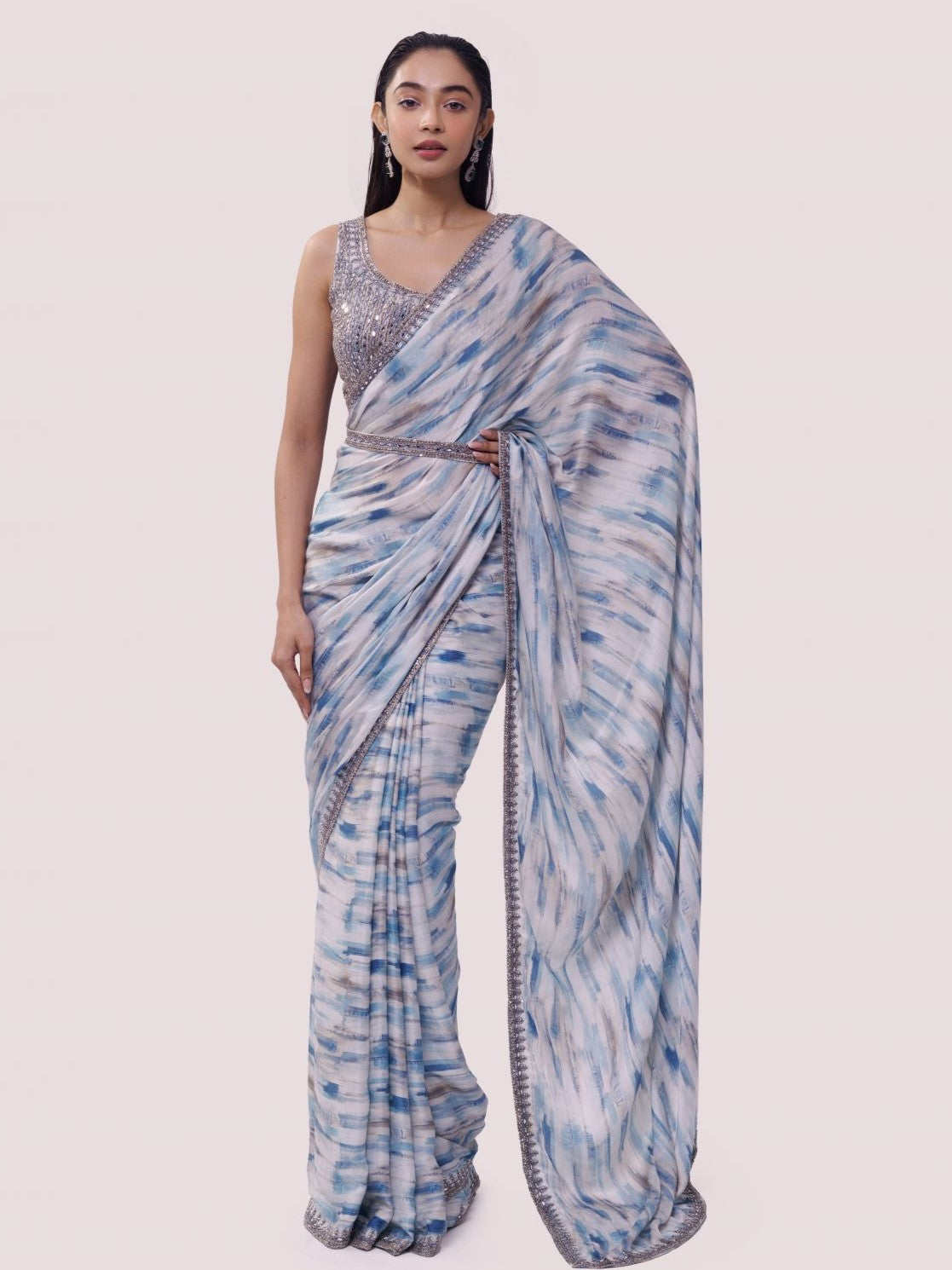 Buy white and blue embroidered satin saree online in USA with blouse. Make a fashion statement on festive occasions and weddings with designer sarees, designer suits, Indian dresses, Anarkali suits, palazzo suits, designer gowns, sharara suits, embroidered sarees from Pure Elegance Indian fashion store in USA.-full view