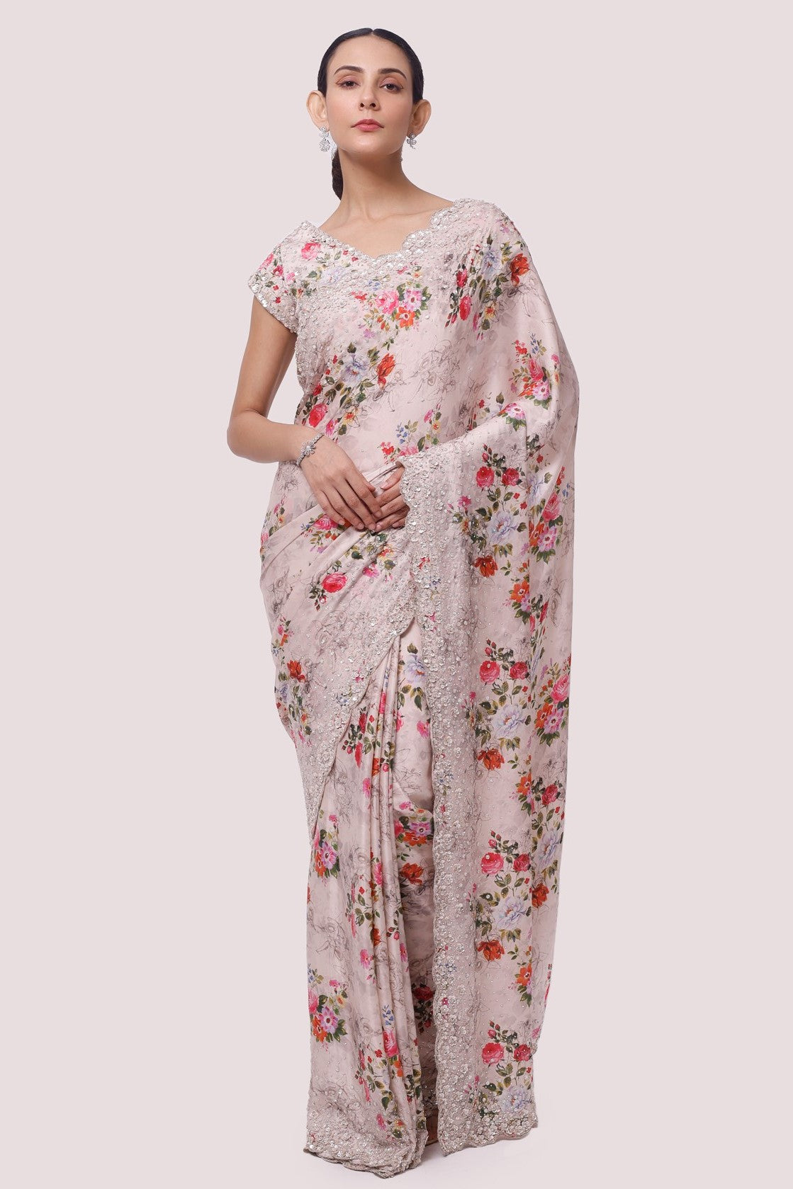 Shop beige floral print satin saree online in USA with saree blouse. Make a fashion statement on festive occasions and weddings with designer sarees, designer suits, Indian dresses, Anarkali suits, palazzo suits, designer gowns, sharara suits, embroidered sarees from Pure Elegance Indian fashion store in USA.-full view