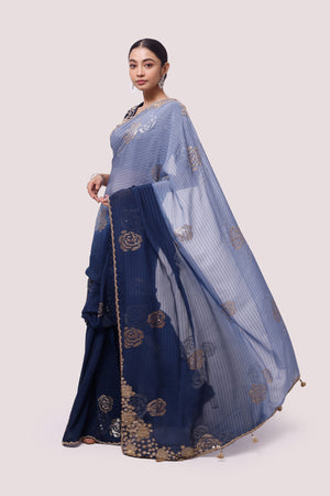 Buy two-tone embroidered chinon saree online in USA with saree blouse. Make a fashion statement on festive occasions and weddings with designer sarees, designer suits, Indian dresses, Anarkali suits, palazzo suits, designer gowns, sharara suits, embroidered sarees from Pure Elegance Indian fashion store in USA.-pallu
