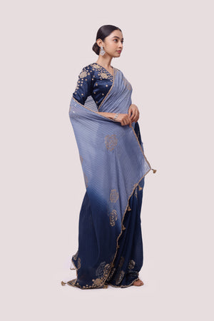 Buy two-tone embroidered chinon saree online in USA with saree blouse. Make a fashion statement on festive occasions and weddings with designer sarees, designer suits, Indian dresses, Anarkali suits, palazzo suits, designer gowns, sharara suits, embroidered sarees from Pure Elegance Indian fashion store in USA.-right