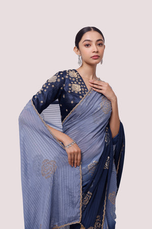 Buy two-tone embroidered chinon saree online in USA with saree blouse. Make a fashion statement on festive occasions and weddings with designer sarees, designer suits, Indian dresses, Anarkali suits, palazzo suits, designer gowns, sharara suits, embroidered sarees from Pure Elegance Indian fashion store in USA.-closeup