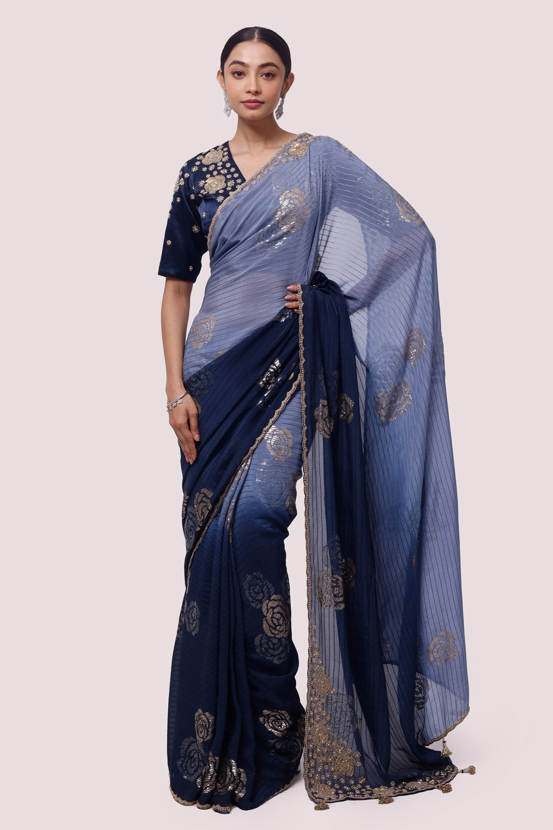 Buy two-tone embroidered chinon saree online in USA with saree blouse. Make a fashion statement on festive occasions and weddings with designer sarees, designer suits, Indian dresses, Anarkali suits, palazzo suits, designer gowns, sharara suits, embroidered sarees from Pure Elegance Indian fashion store in USA.-full view