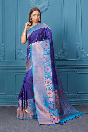 Shop royal blue Gadhwal silk saree online in USA with antique golden border. Look your best on festive occasions in latest designer sarees, pure silk saris, Kanchipuram silk sarees, handwoven sarees, tussar silk sarees, embroidered saris from Pure Elegance Indian clothing store in USA.-pallu