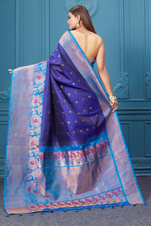 Shop royal blue Gadhwal silk saree online in USA with antique golden border. Look your best on festive occasions in latest designer sarees, pure silk saris, Kanchipuram silk sarees, handwoven sarees, tussar silk sarees, embroidered saris from Pure Elegance Indian clothing store in USA.-back