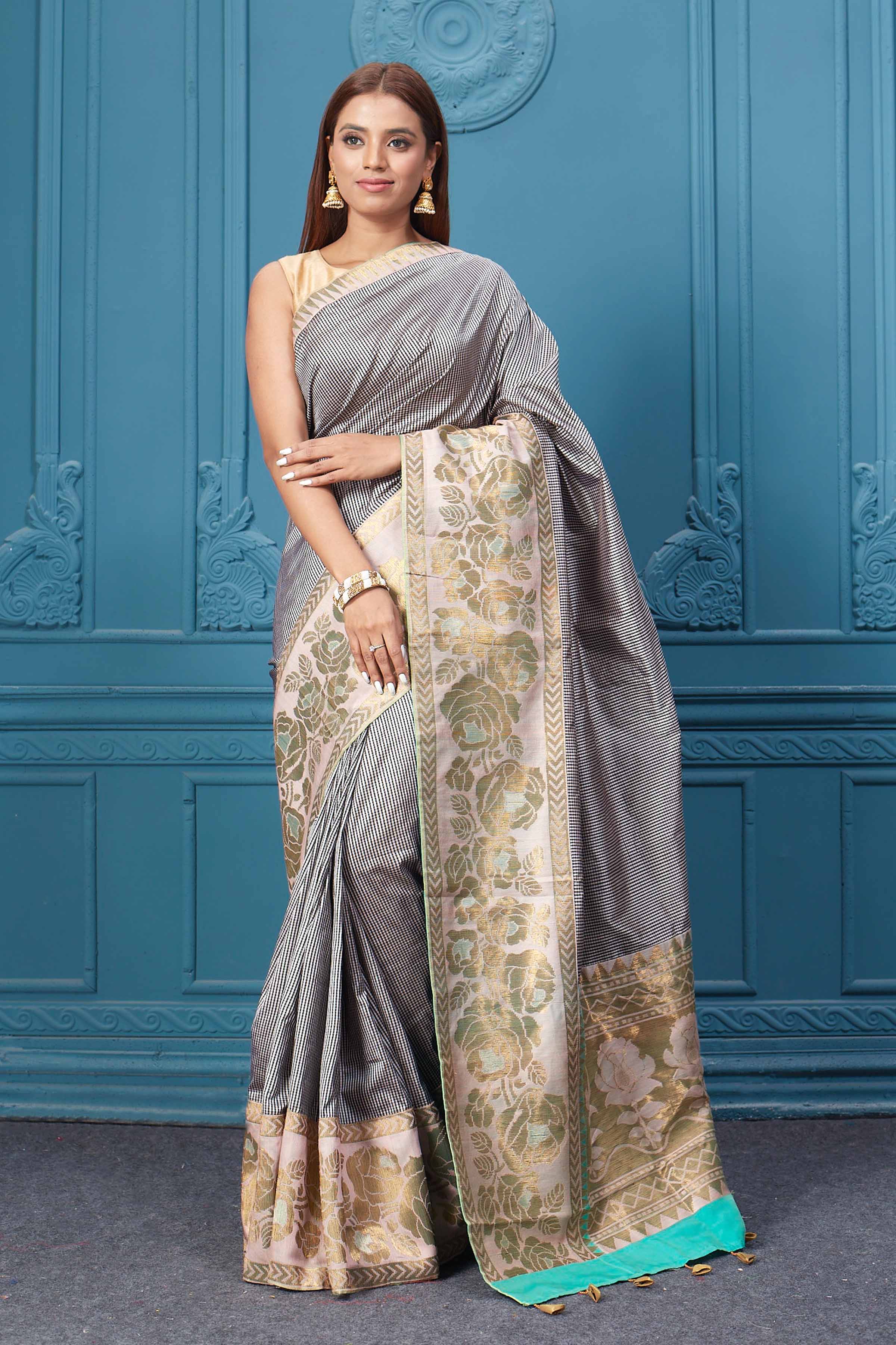 Buy beautiful white and black check Gadhwal silk saree online in USA with golden border. Look your best on festive occasions in latest designer sarees, pure silk saris, Kanchipuram silk sarees, handwoven sarees, tussar silk sarees, embroidered saris from Pure Elegance Indian clothing store in USA.-front