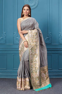 Buy beautiful white and black check Gadhwal silk saree online in USA with golden border. Look your best on festive occasions in latest designer sarees, pure silk saris, Kanchipuram silk sarees, handwoven sarees, tussar silk sarees, embroidered saris from Pure Elegance Indian clothing store in USA.-front