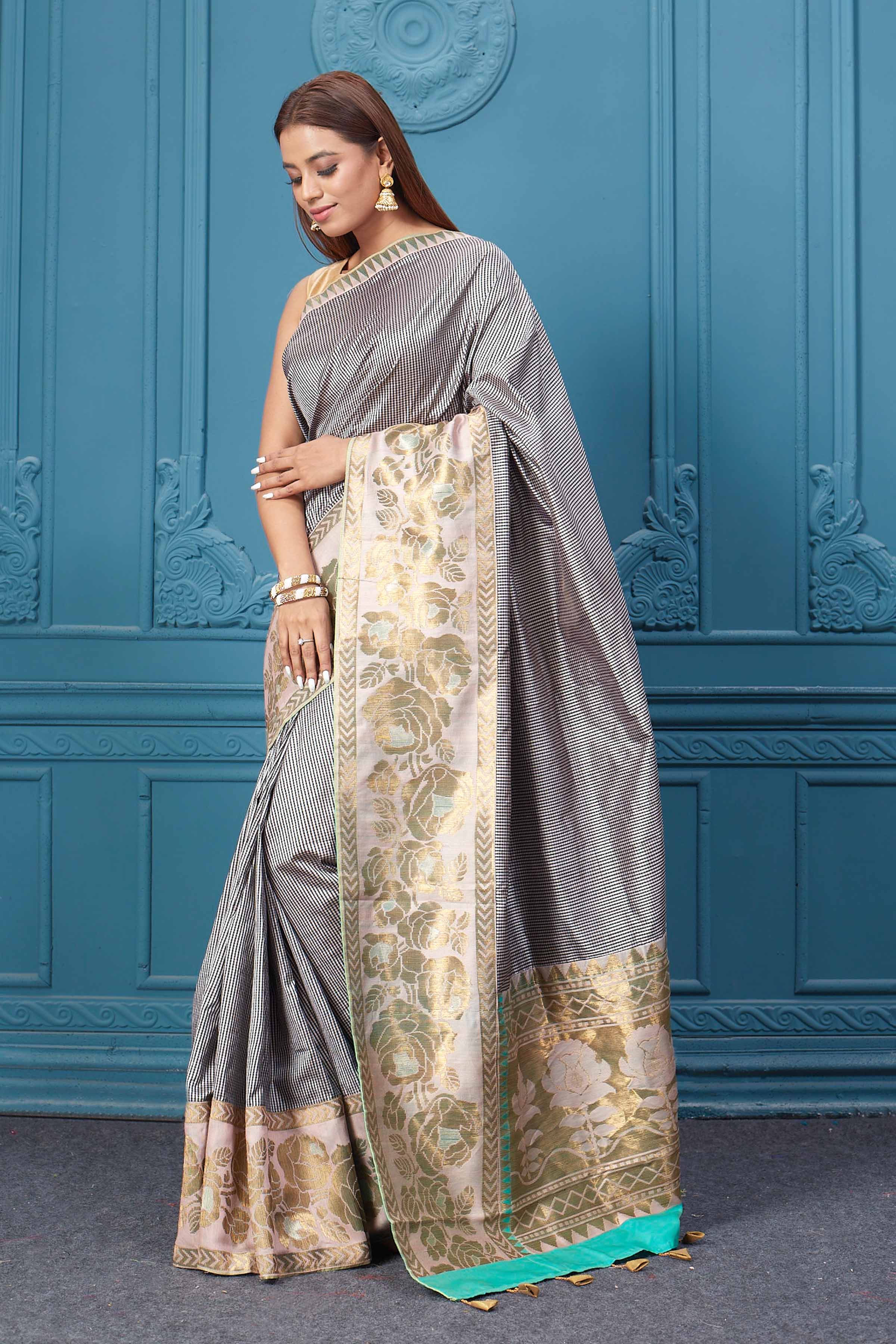 Buy beautiful white and black check Gadhwal silk saree online in USA with golden border. Look your best on festive occasions in latest designer sarees, pure silk saris, Kanchipuram silk sarees, handwoven sarees, tussar silk sarees, embroidered saris from Pure Elegance Indian clothing store in USA.-full view