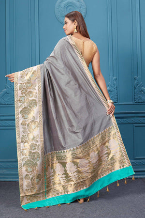 Buy beautiful white and black check Gadhwal silk saree online in USA with golden border. Look your best on festive occasions in latest designer sarees, pure silk saris, Kanchipuram silk sarees, handwoven sarees, tussar silk sarees, embroidered saris from Pure Elegance Indian clothing store in USA.-back