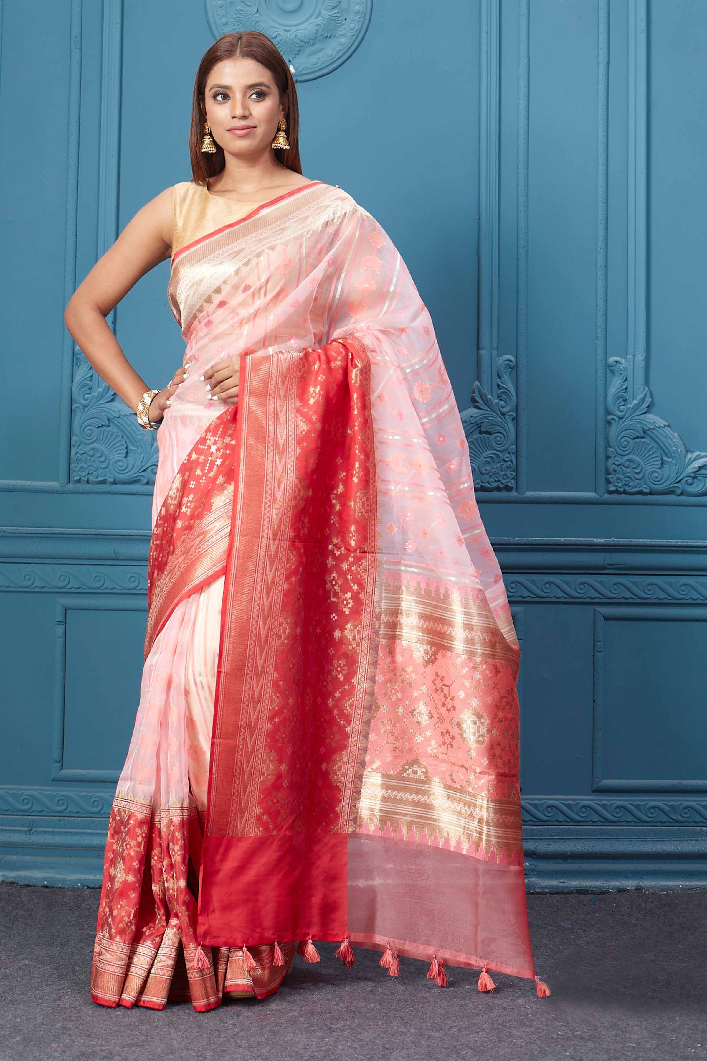 Shop powder pink fancy Kora sari online in USA with red border. Look your best on festive occasions in latest designer sarees, pure silk saris, Kanchipuram silk sarees, handwoven sarees, tussar silk sarees, embroidered saris from Pure Elegance Indian clothing store in USA.-full view