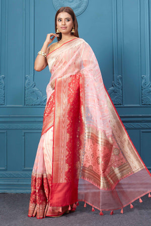Shop powder pink fancy Kora sari online in USA with red border. Look your best on festive occasions in latest designer sarees, pure silk saris, Kanchipuram silk sarees, handwoven sarees, tussar silk sarees, embroidered saris from Pure Elegance Indian clothing store in USA.-pallu