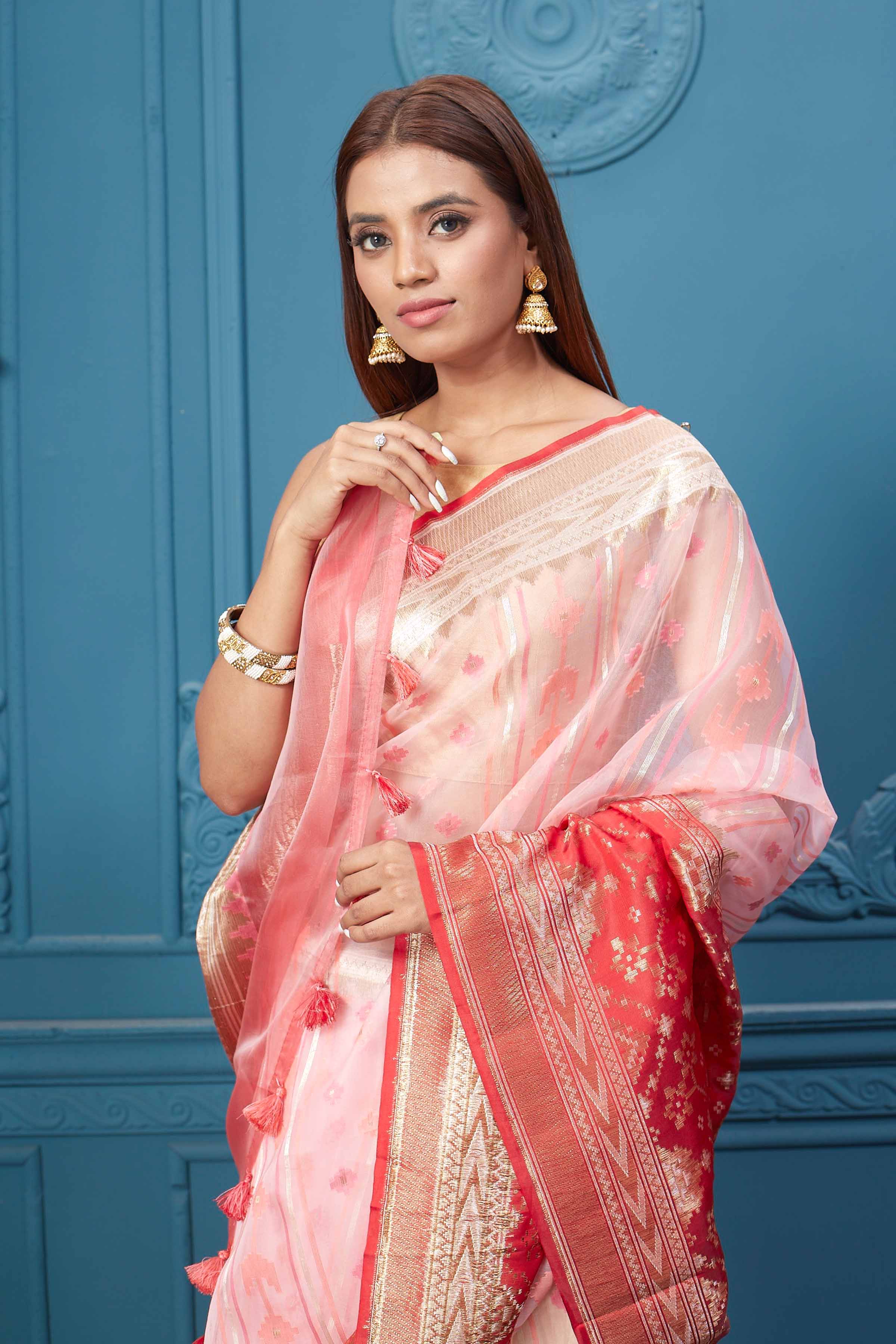 Shop powder pink fancy Kora sari online in USA with red border. Look your best on festive occasions in latest designer sarees, pure silk saris, Kanchipuram silk sarees, handwoven sarees, tussar silk sarees, embroidered saris from Pure Elegance Indian clothing store in USA.-closeup