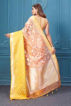 Buy peach fancy Kora sari online in USA with yellow border. Look your best on festive occasions in latest designer sarees, pure silk saris, Kanchipuram silk sarees, handwoven sarees, tussar silk sarees, embroidered saris from Pure Elegance Indian clothing store in USA.-back