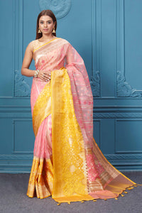 Shop pink fancy Kora sari online in USA with yellow border. Look your best on festive occasions in latest designer sarees, pure silk saris, Kanchipuram silk sarees, handwoven sarees, tussar silk sarees, embroidered saris from Pure Elegance Indian clothing store in USA.-full view