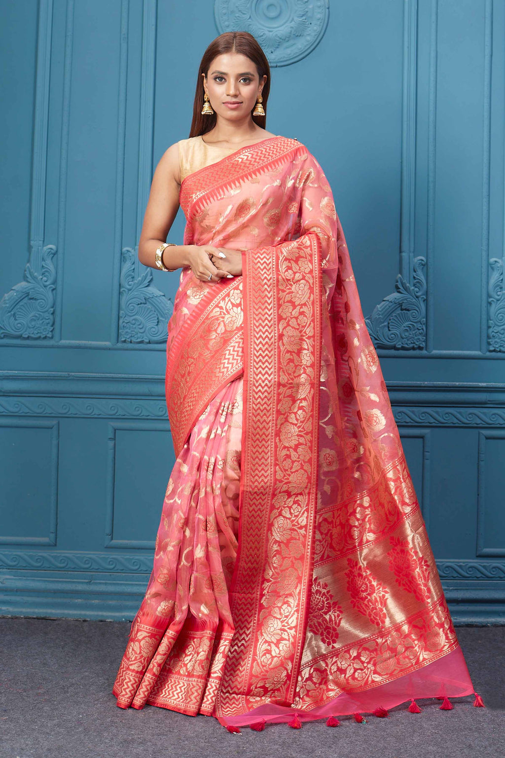 Shop beautiful pink fancy Kora sari online in USA with floral zari jaal. Look your best on festive occasions in latest designer sarees, pure silk saris, Kanchipuram silk sarees, handwoven sarees, tussar silk sarees, embroidered saris from Pure Elegance Indian clothing store in USA.-full view