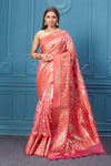 Shop beautiful pink fancy Kora sari online in USA with floral zari jaal. Look your best on festive occasions in latest designer sarees, pure silk saris, Kanchipuram silk sarees, handwoven sarees, tussar silk sarees, embroidered saris from Pure Elegance Indian clothing store in USA.-full view