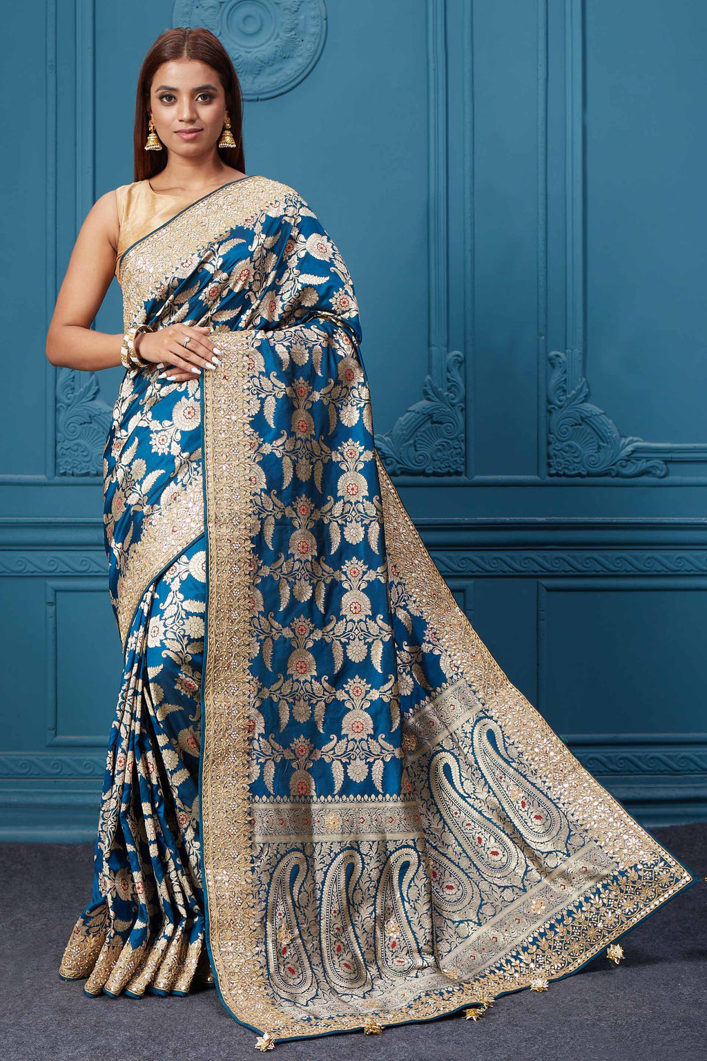 Buy sea blue Banarasi silk sari online in USA with zari minakari work. Look royal at weddings and festive occasions in exquisite designer sarees, handwoven sarees, pure silk saris, Banarasi sarees, Kanchipuram silk sarees from Pure Elegance Indian saree store in USA. -full view