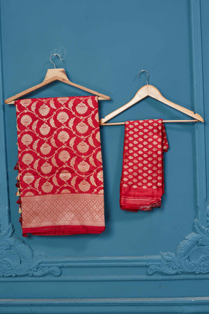 Buy red Katan silk Banarasi saree online in USA with floral zari jaal. Keep your ethnic wardrobe up to date with latest designer saris, pure silk sarees, Kanchipuram silk sarees, handwoven silk sarees, tussar silk sarees, embroidered sarees from Pure Elegance Indian saree store in USA.-blouse