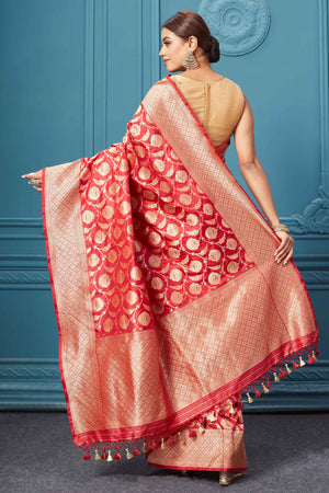 Buy red Katan silk Banarasi saree online in USA with floral zari jaal. Keep your ethnic wardrobe up to date with latest designer saris, pure silk sarees, Kanchipuram silk sarees, handwoven silk sarees, tussar silk sarees, embroidered sarees from Pure Elegance Indian saree store in USA.-back