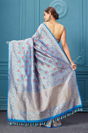 Shop blue Katan silk Banarasi sari online in USA with zari minakari jaal. Keep your ethnic wardrobe up to date with latest designer saris, pure silk sarees, Kanchipuram silk sarees, handwoven silk sarees, tussar silk sarees, embroidered sarees from Pure Elegance Indian saree store in USA.-back
