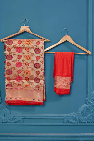Shop golden Katan silk Banarasi sari online in USA with floral jaal. Keep your ethnic wardrobe up to date with latest designer saris, pure silk sarees, Kanchipuram silk sarees, handwoven silk sarees, tussar silk sarees, embroidered sarees from Pure Elegance Indian saree store in USA.-blouse