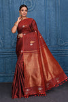Shop maroon Kanchipuram silk sari online in USA with leaf zari buta. Keep your ethnic wardrobe up to date with latest designer saris, pure silk sarees, Kanchipuram silk sarees, handwoven silk sarees, tussar silk sarees, embroidered sarees from Pure Elegance Indian saree store in USA.-full view