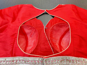 Buy stunning solid red designer saree blouse online in USA with embroidered lace. Elevate your ethnic sari style with a stunning collection of designer saree blouses, embroidered saree blouses, Banarasi sari blouse, silk sari blouse from Pure Elegance Indian clothing store in USA.-back
