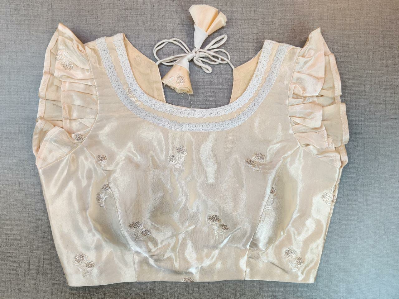 Shop stunning solid golden saree blouse online in USA with frill sleeves. Elevate your Indian ethnic saree looks with beautiful readymade saree blouse, embroidered saree blouses, Banarasi saree blouse, designer sari blouses from Pure Elegance Indian fashion store in USA.-full view