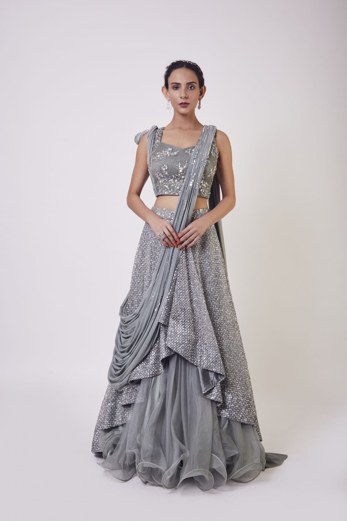 30Z111-RO Ash Blue organza Lehenga with dupatta