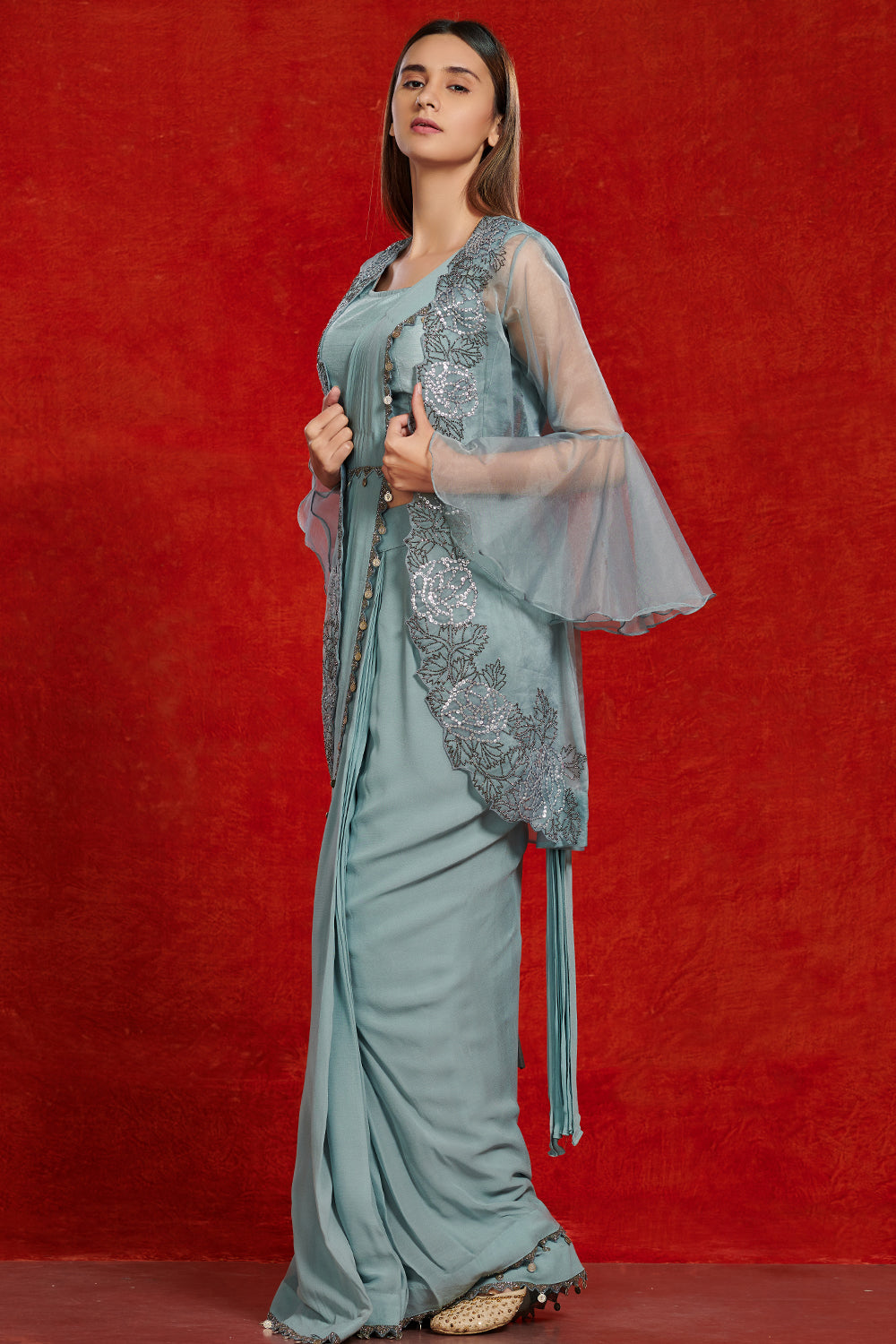 Shop beautiful doctor blue fusion saree online in USA with attached jacket. Make a fashion statement on festive occasions and weddings with designer suits, Indian dresses, Anarkali suits, palazzo suits, designer gowns, sharara suits from Pure Elegance Indian fashion store in USA.-full view