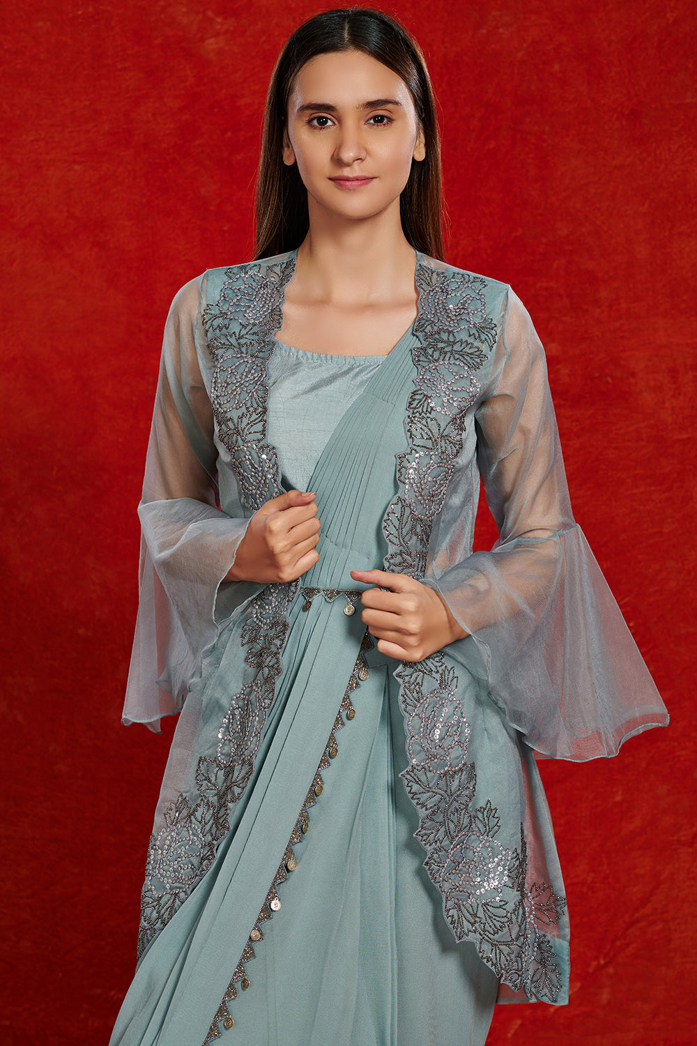 Shop beautiful doctor blue fusion saree online in USA with attached jacket. Make a fashion statement on festive occasions and weddings with designer suits, Indian dresses, Anarkali suits, palazzo suits, designer gowns, sharara suits from Pure Elegance Indian fashion store in USA.-closeup