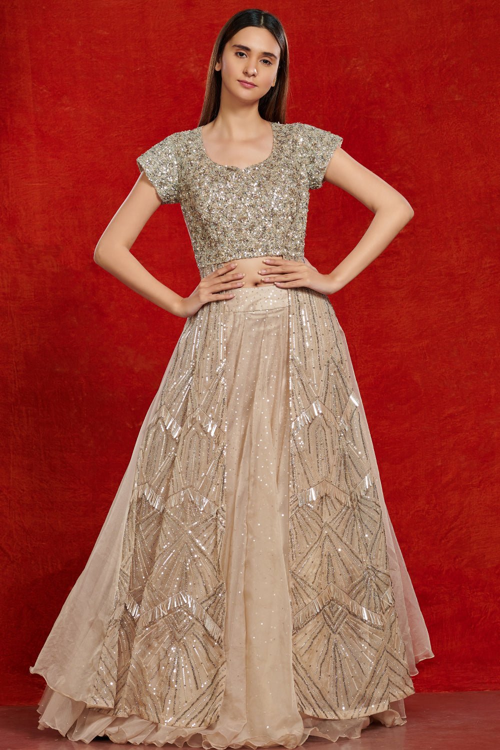 Buy stunning beige embellished lehenga online in USA. Make a fashion statement on festive occasions and weddings with designer suits, Indian dresses, Anarkali suits, palazzo suits, designer gowns, sharara suits from Pure Elegance Indian fashion store in USA.-full view